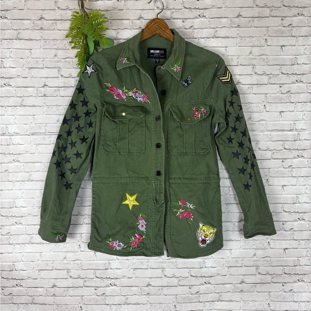 William Rast Olive Green Fatigue Floral Embroidered Patch Cargo Jackete